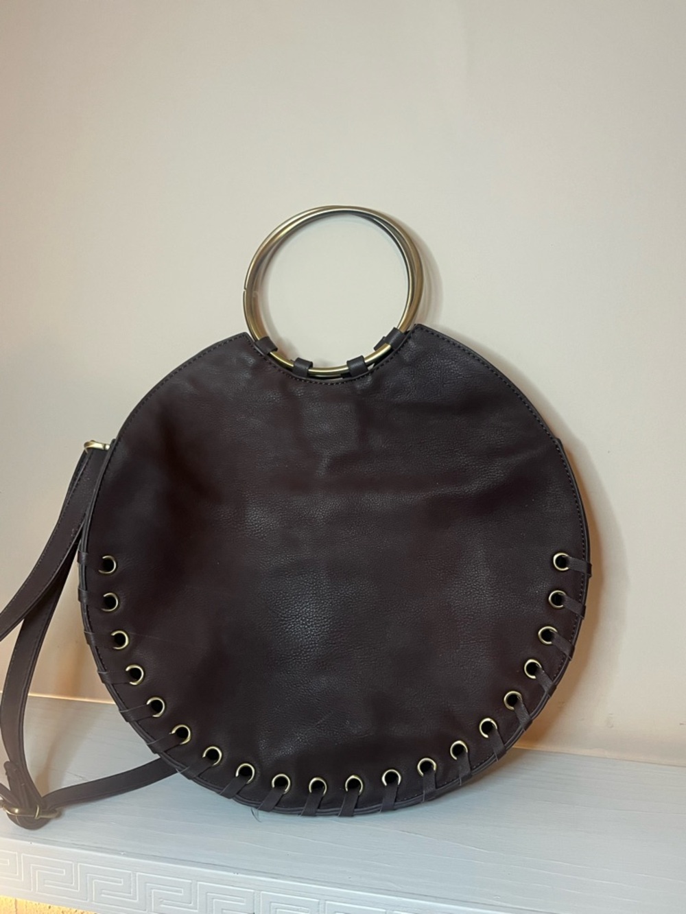 Mud Pie Round Brown Crossbody Bag Gold Ring Handles Boho Chic Purse